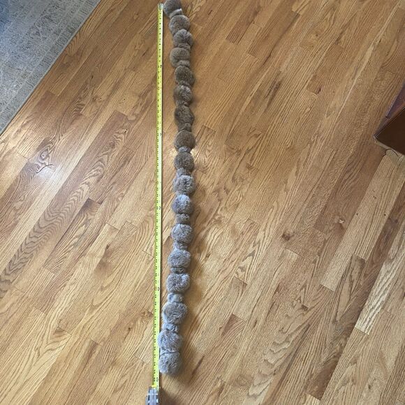 Brown Rabbit Fur Ball Scarf 59” Length, Leather Strip Connection - Picture 3 of 4